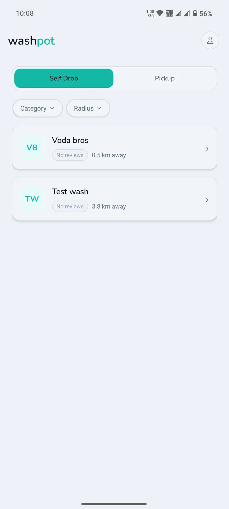 Browsing car wash centres near you in the WashPot app